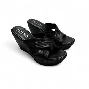 Italian Shoe Makers Black Platform Y2K Leather Sandals Italy Women’s Size 8 1/2